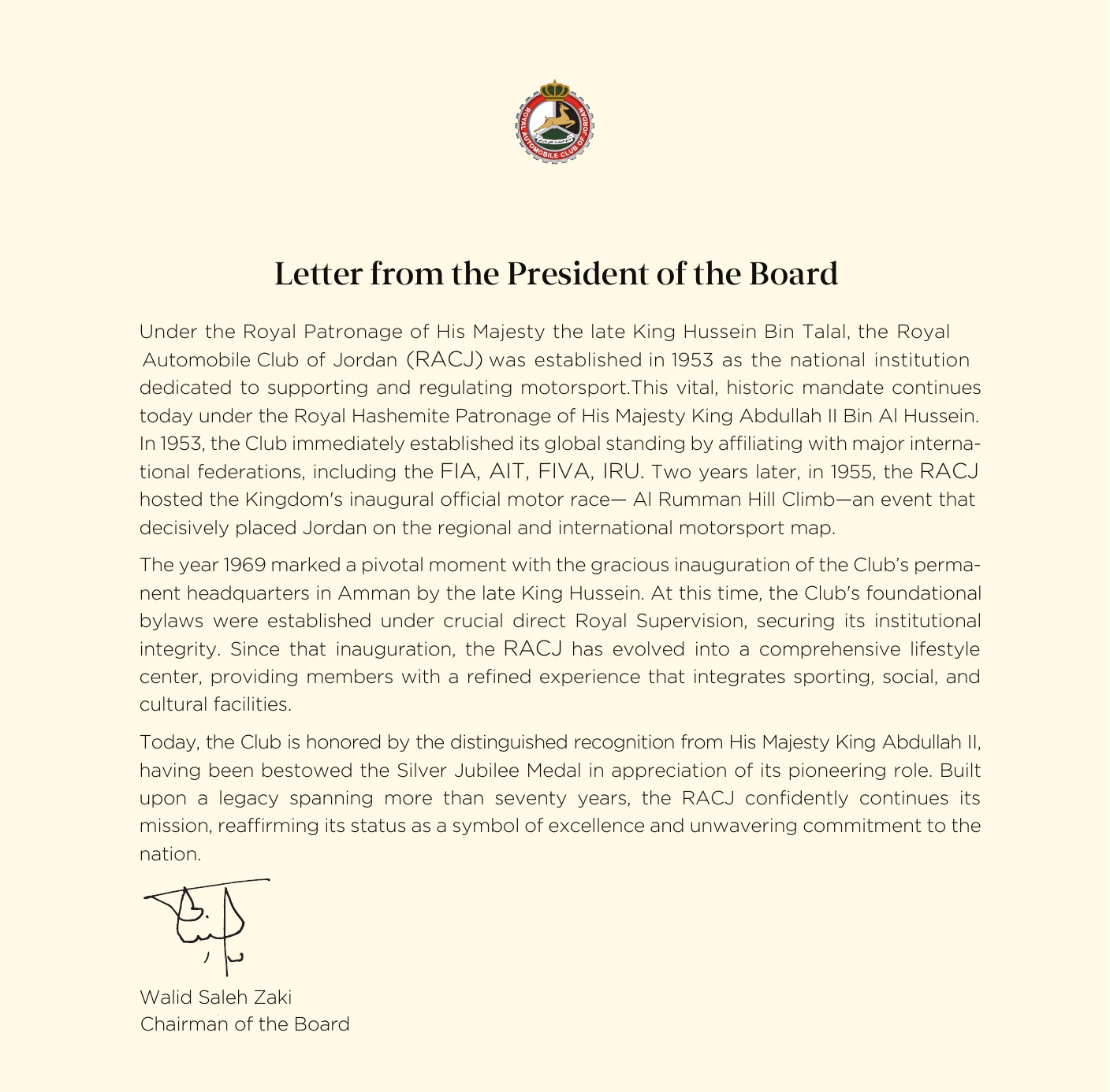 Letter from the President of the Board, including his signature